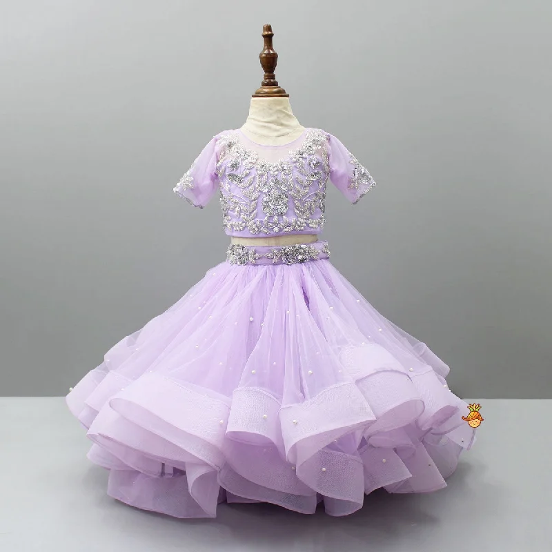 Pre Order: Lilac Embroidered Crop Top And Net Layered Lehenga Cotton Fabric Linen Fabric Terry Fabric Pre Order: Lilac Embroidered Crop Top And Net Layered Lehenga Cotton Fabric Linen Fabric Terry Fabric