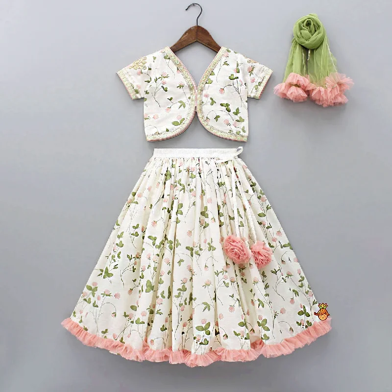 Pre Order: Floral Printed Crop Top With Lehenga And Net Dupatta Boxy Fit Fitted Loose Pre Order: Floral Printed Crop Top With Lehenga And Net Dupatta Boxy Fit Fitted Loose