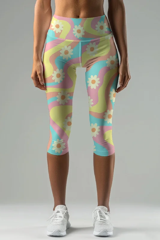 Festival Girl Ellie Yellow Floral Print Yoga Capri Leggings - Women Comfortable Classic Yoga Leggings Festival Girl Ellie Yellow Floral Print Yoga Capri Leggings - Women Comfortable Classic Yoga Leggings