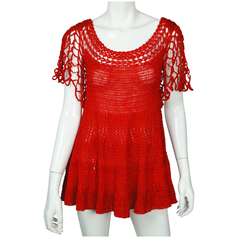 Vintage 1960s Red Crochet Top Hand Knit Pullover Size M dolman Sleeve Top