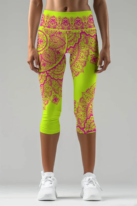 Blossom Nirvana Ellie Yellow Pink Performance Capri Leggings - Women Stylish Winter-Ready Leggings Blossom Nirvana Ellie Yellow Pink Performance Capri Leggings - Women Stylish Winter-Ready Leggings