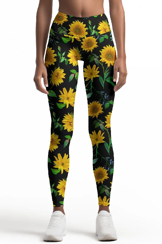 Sunnyflower Lucy Black & Yellow Floral Printed Yoga Leggings - Women Comfortable Ribbed Waistband Leggings Sunnyflower Lucy Black & Yellow Floral Printed Yoga Leggings - Women Comfortable Ribbed Waistband Leggings