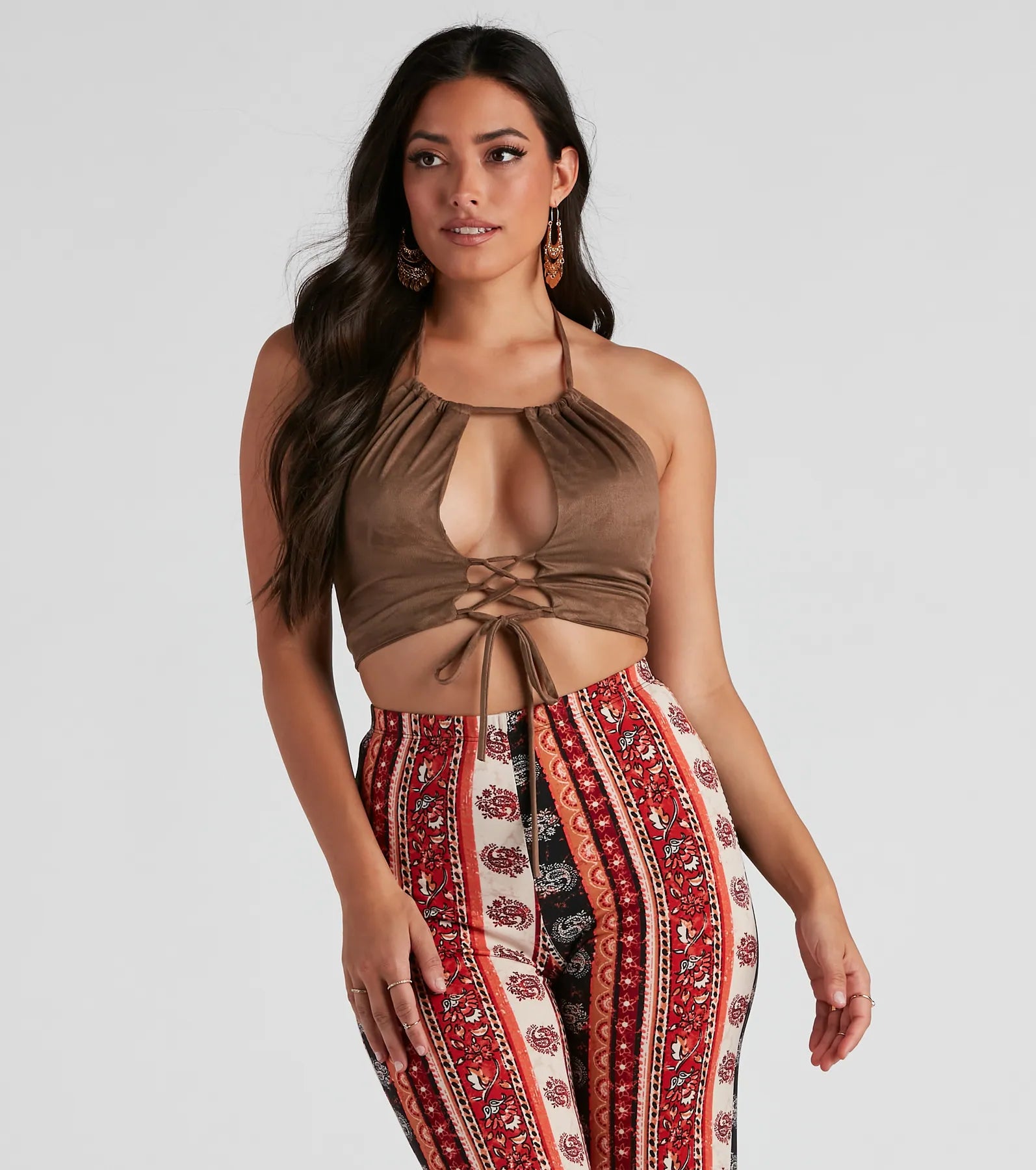 Basic Faux Suede Halter Crop Top Zippered Front Buttoned Front Snap Front
