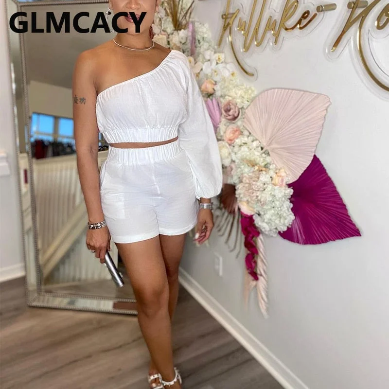 Two Piece Chic Party Suits Long Sleeve One Shoulder Crop Top & Casual Shorts Set Lace Blend Ribbed Blend Corduroy Blend Two Piece Chic Party Suits Long Sleeve One Shoulder Crop Top & Casual Shorts Set Lace Blend Ribbed Blend Corduroy Blend