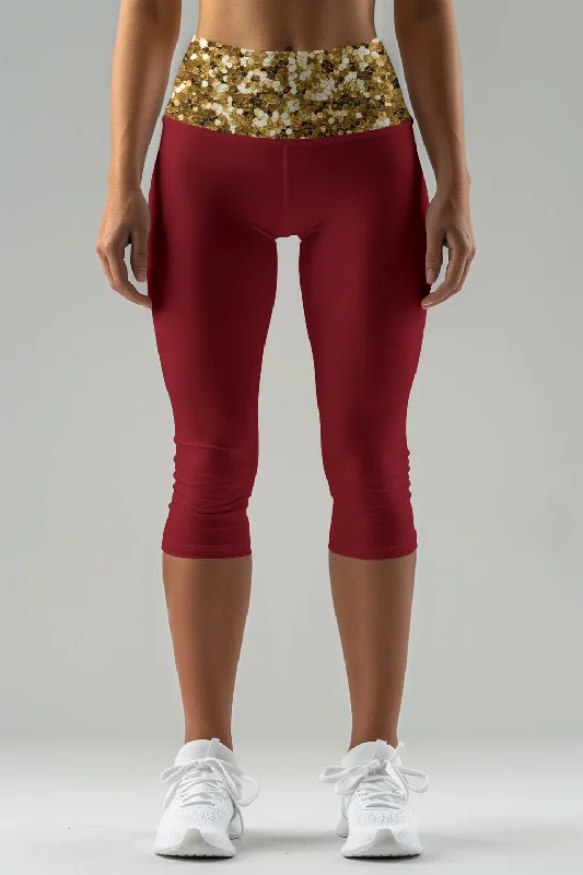 Haute Maroon Ellie Gold Glitter Print Yoga Capri Leggings - Women Cozy Workout Performance Leggings Haute Maroon Ellie Gold Glitter Print Yoga Capri Leggings - Women Cozy Workout Performance Leggings