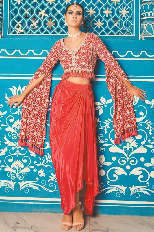 Pink Dhoti Crop Top Set In Satin With Lucknowi Embroidery Work Welt Pockets Slit Pockets Flap Pockets Pink Dhoti Crop Top Set In Satin With Lucknowi Embroidery Work Welt Pockets Slit Pockets Flap Pockets