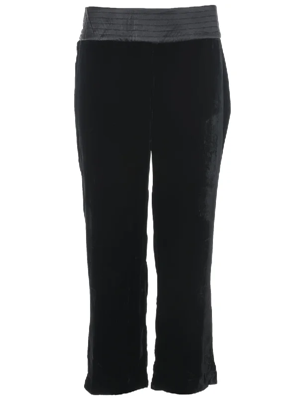 Casual Black Velvet Trousers - W33 L25 Wide Leg Loose Fit Mid Waist