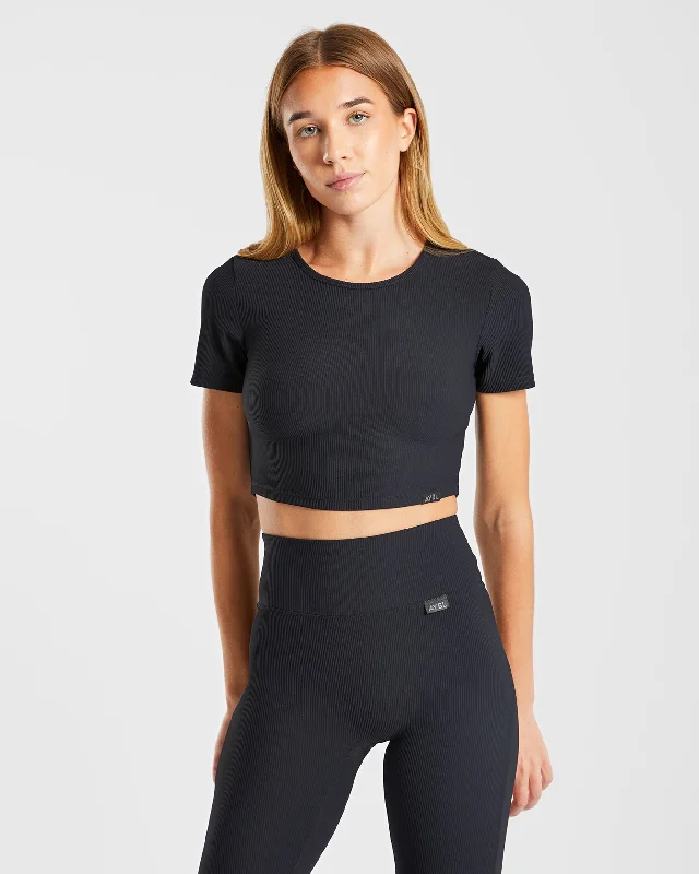 Sculpt Ribbed Crop Top - Schwarz Plaid Crop Top Polka Dot Checkered