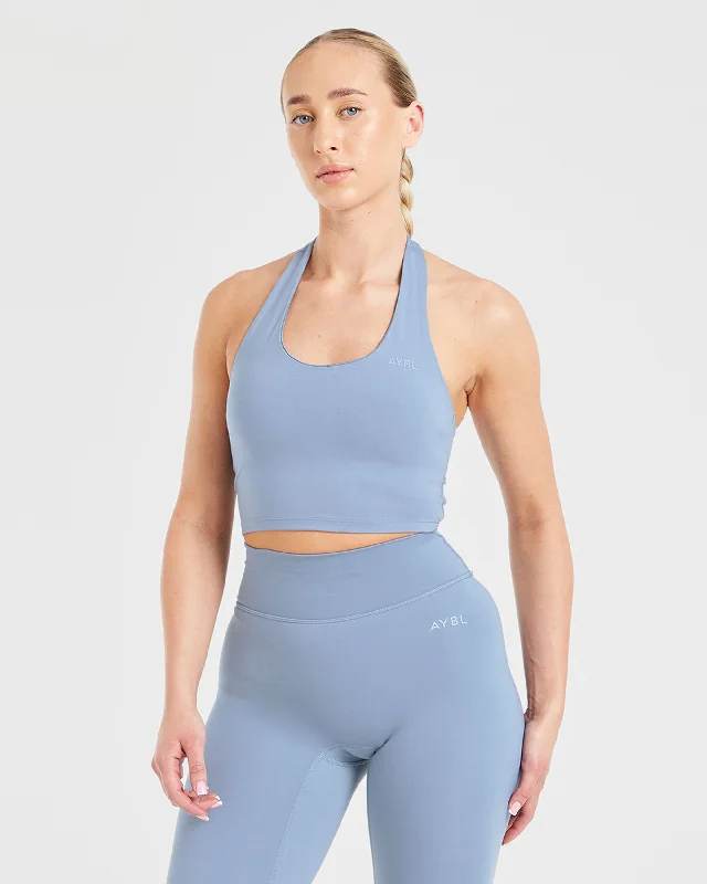 Staple Halterneck Crop Top - Slate Blau Collared Crop Top Boat Neck A-Line