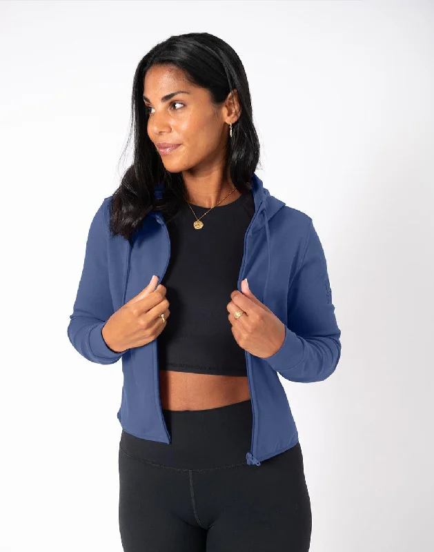 Chill Zip Crop Hoodie in Thunder Blue Hoodie with Puffed Sleeves Voluminous Trendy