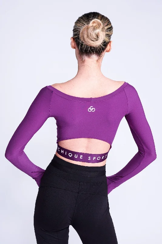 Empower Long-Sleeve Crop Top in Berry Chenille Blend Fleece Blend Nylon Blend