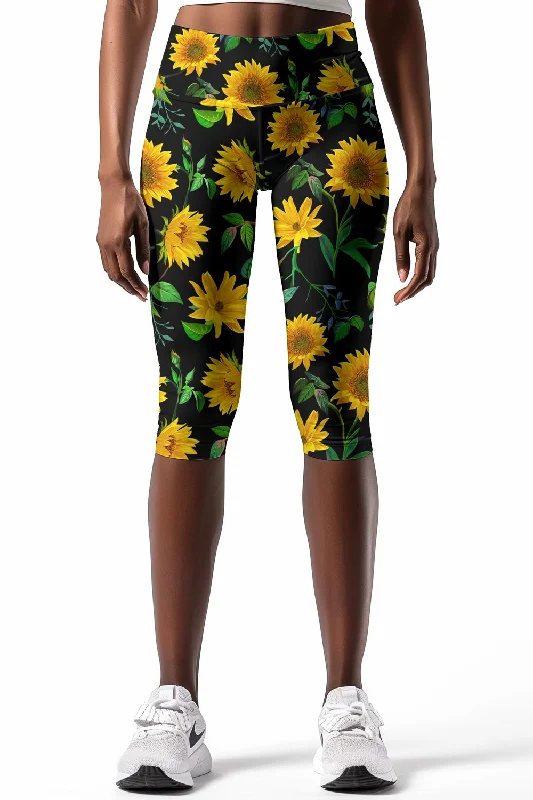 Sunnyflower Ellie Black & Yellow Floral Yoga Capri Leggings - Women Chic Printed Yoga Pants Sunnyflower Ellie Black & Yellow Floral Yoga Capri Leggings - Women Chic Printed Yoga Pants