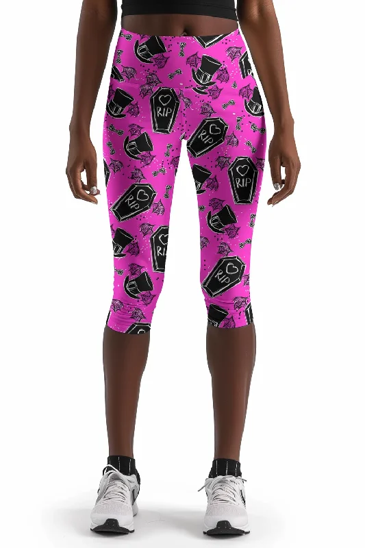 Creepin' it Real Ellie Pink Goth RIP Print Yoga Capri Leggings - Women Fashionable Smooth Fit Leggings Creepin' it Real Ellie Pink Goth RIP Print Yoga Capri Leggings - Women Fashionable Smooth Fit Leggings