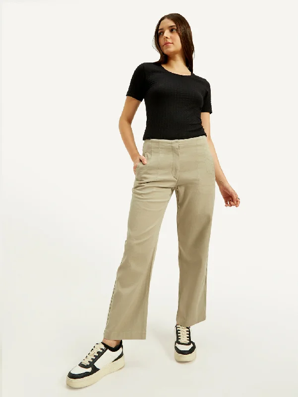 Women's Mid Rise Khaki Loose Fit Trousers High Waist Slim Fit Ankle Length