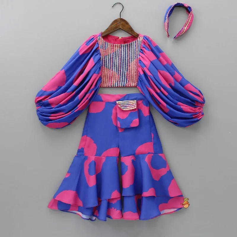 Pre Order: Volume Sleeves Dual Tone Crop Top And Two Layered Palazzo With Hair Band Notch Collar Peter Pan Collar Cowl Neck Pre Order: Volume Sleeves Dual Tone Crop Top And Two Layered Palazzo With Hair Band Notch Collar Peter Pan Collar Cowl Neck