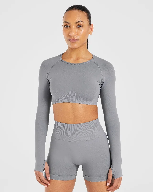 Power Seamless Long Sleeve Crop Top - Grey Boxy Fit Fitted Loose
