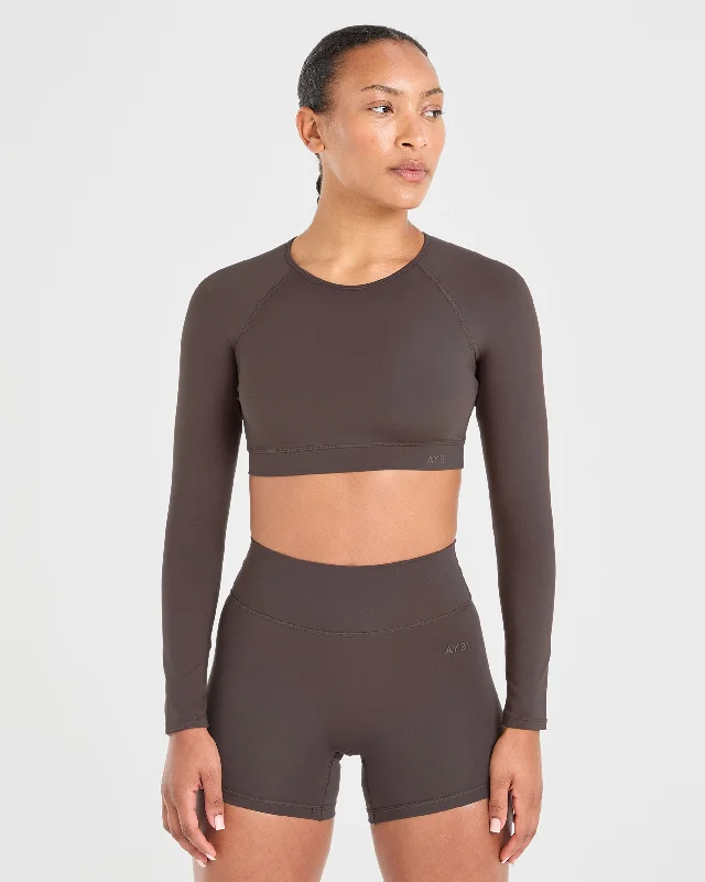 Staple Long Sleeve Crop Top - Coffee Brown Zippered Buttoned Snapped