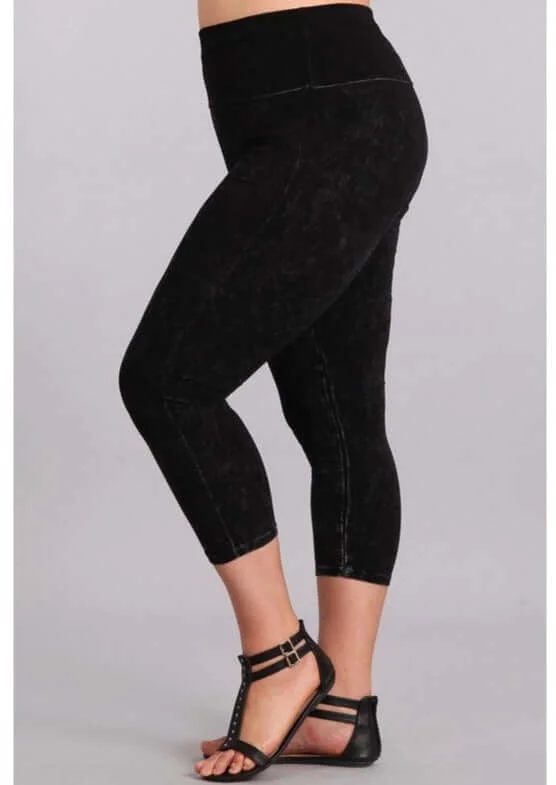 Fold Over Waist Mineral Washed Capri Leggings Made in USA Plus Size Trendy Side-Pocket Leggings