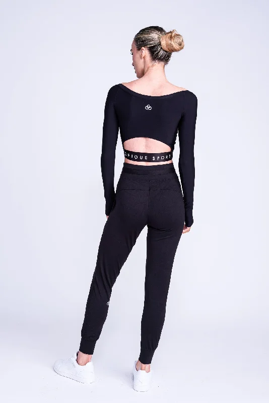 Empower Long-Sleeve Crop Top in Black Spandex Blend Rayon Blend Denim Blend