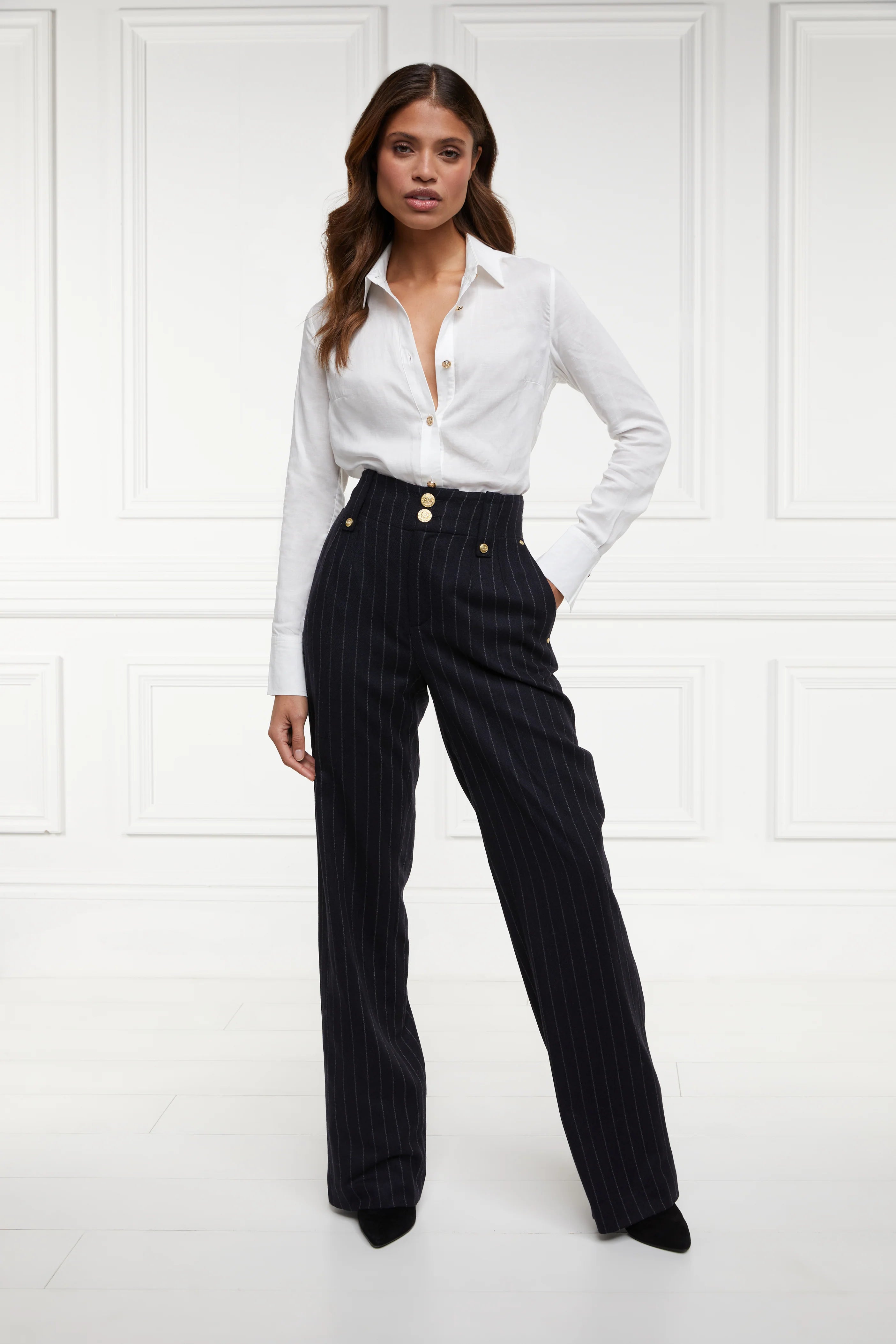 High Waisted Straight Trouser Navy Chalk Pinstripe Trousers Fall Fleece
