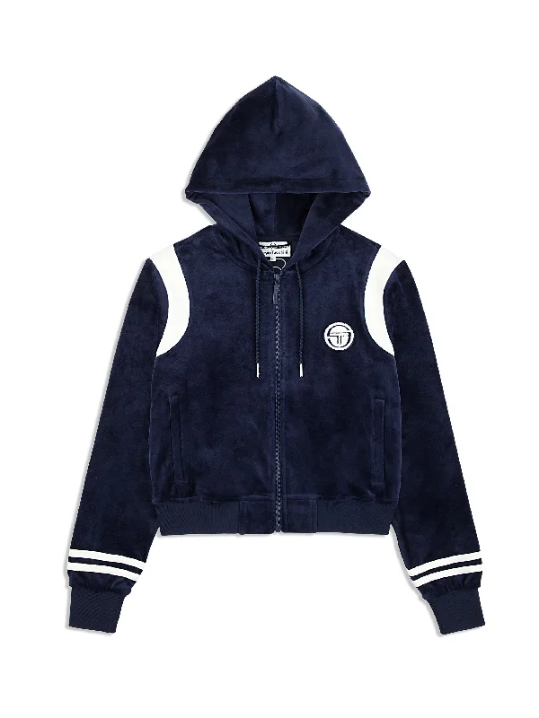 Veneto Velour Zip-Up Hoodie- Maritime Blue Hoodie with Earth Tones Natural Calm