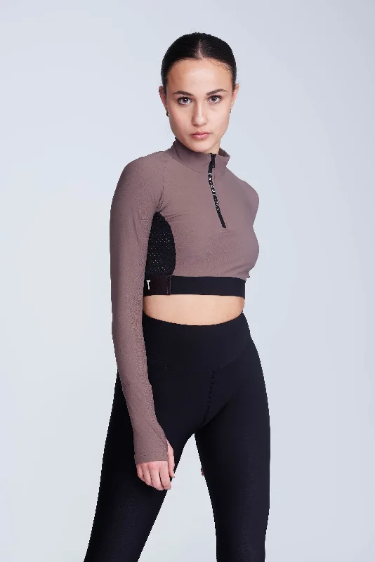 Ignite Long-Sleeve Crop Top in Taupe Striped Floral Plaid