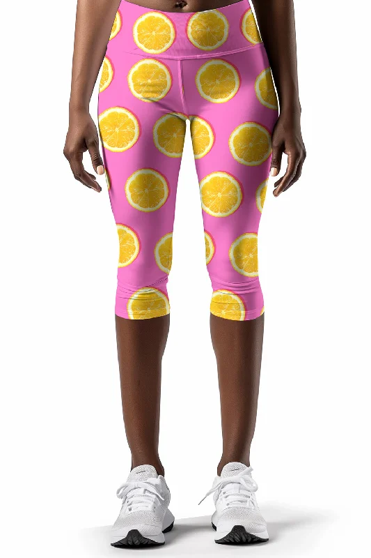 Tutti Frutti Ellie Pink Lemon Performance Yoga Capri Leggings - Women Fashionable High-Rise Workout Leggings Tutti Frutti Ellie Pink Lemon Performance Yoga Capri Leggings - Women Fashionable High-Rise Workout Leggings
