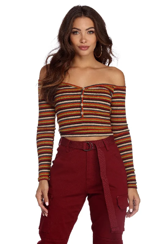 Stripe Piece Off Shoulder Crop Top Embroidered Appliqued Beaded