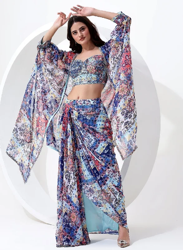 Blue Multi Color Digital Print Crop Top with Dhoti Style Bottom and Jacket Style Dupatta. Real Fur Shearling Chenille Blue Multi Color Digital Print Crop Top with Dhoti Style Bottom and Jacket Style Dupatta. Real Fur Shearling Chenille