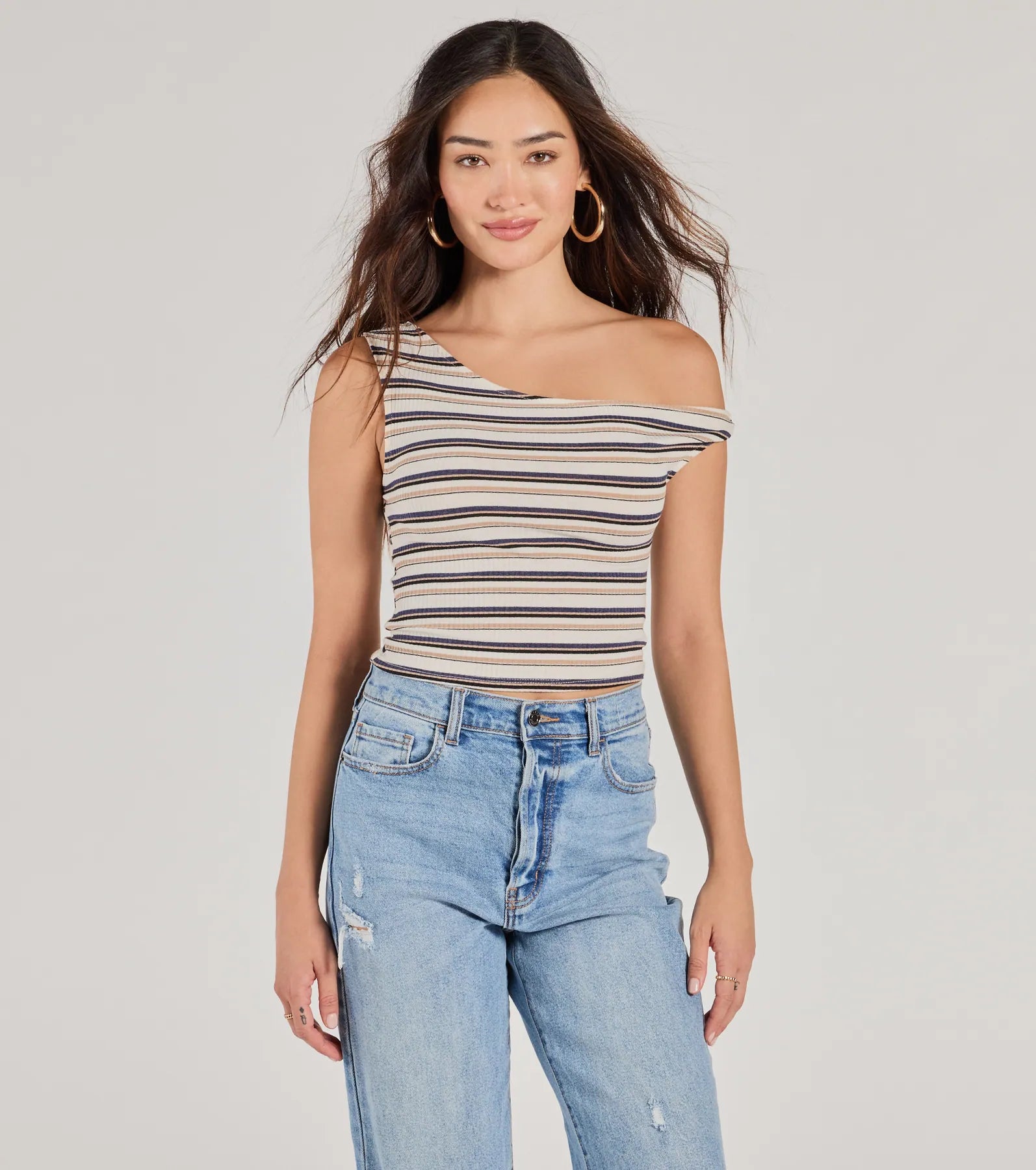 Trendy Twist One-Shoulder Striped Crop Top Satin Blend Silk Blend Wool Blend