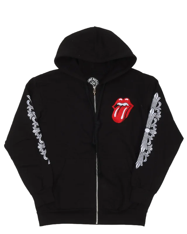 Full Embroidered Rolling Stones Hoodie Hoodie with Hem Raw Edge Edgy Unfinished