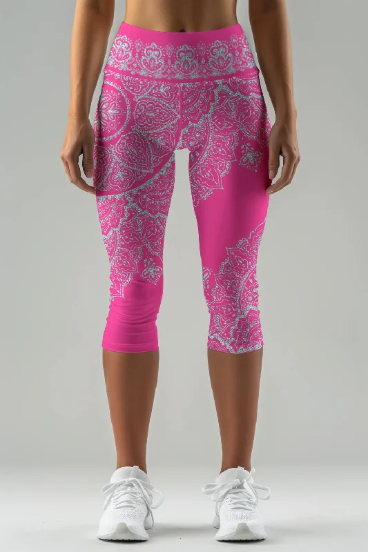 Lipstick Nirvana Ellie Pink Boho Performance Capri Leggings - Women Comfortable Power Mesh Leggings
