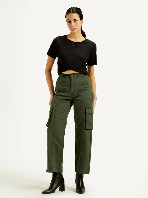 Women's High Rise Olive Wide Leg Cargo Trousers Trousers fashionable chic