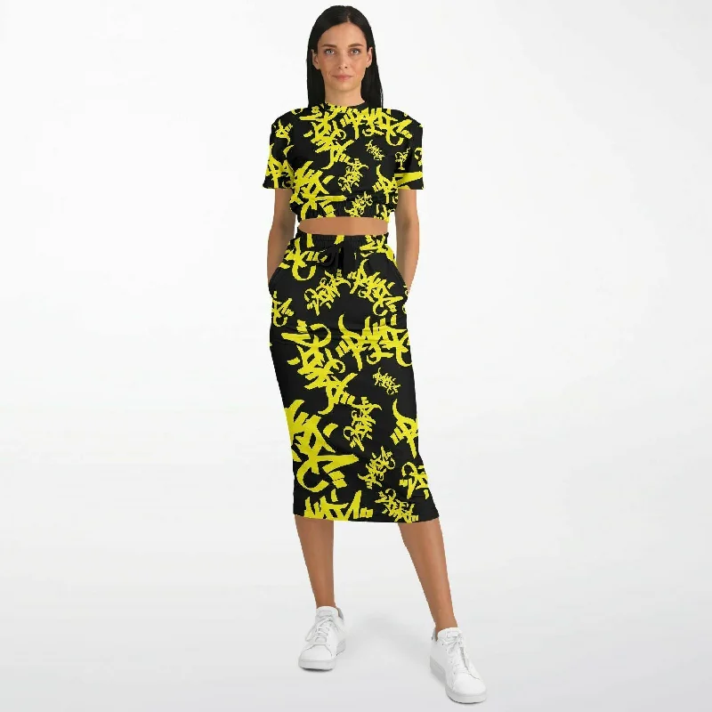 Tag Athletic Crop Top With Long Pocket Skirt Black/Yellow Spandex Blend Rayon Blend Denim Blend Tag Athletic Crop Top With Long Pocket Skirt Black/Yellow Spandex Blend Rayon Blend Denim Blend