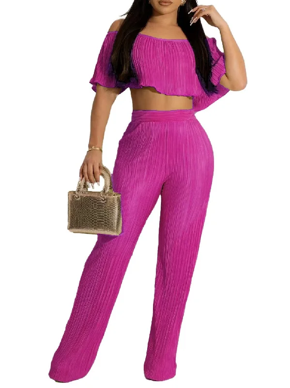 Two Piece Pleated Crop Tops & Pants Beaded Sequined Faux Fur
