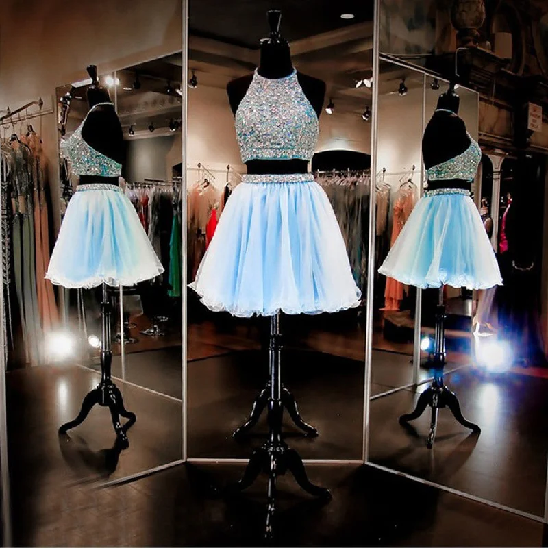 New Arrival two pieces halter sparkly backless crop tops freshman homecoming prom gowns dress,BD00116 Crop Top Seamless Stretchy