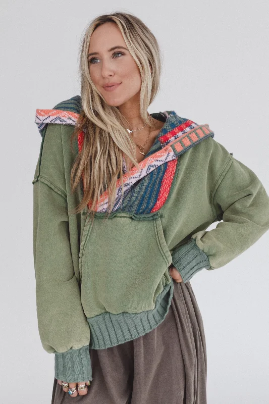 Nori Hoodie Pullover Top - Sage Sabrina Neck Pullover