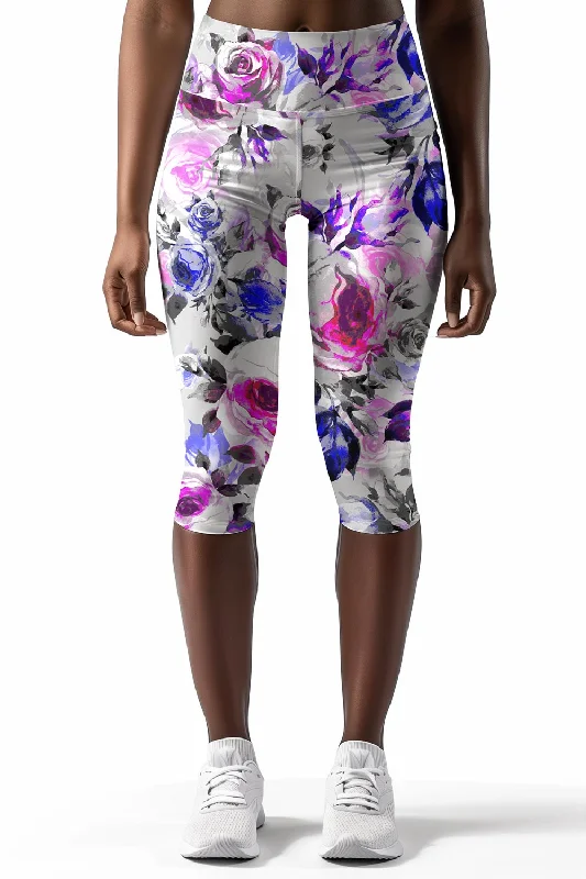 Floral Touch Ellie Performance Capri Leggings - Women Elegant Metallic Leggings
