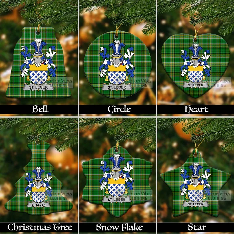 St.Leger Irish Clan Tartan Christmas Ceramic Ornament with Coat of Arms Denim Leather Suede St.Leger Irish Clan Tartan Christmas Ceramic Ornament with Coat of Arms Denim Leather Suede