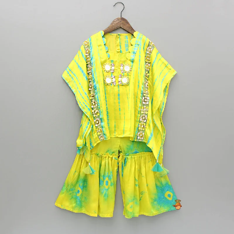 Pre Order: Printed Embellished Kaftan With Strappy Crop Top And Sharara Hooded Caped Shawl Collar Pre Order: Printed Embellished Kaftan With Strappy Crop Top And Sharara Hooded Caped Shawl Collar