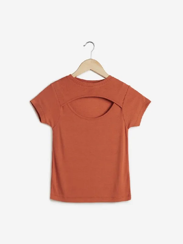 Nuon Rust Ribbed Crop Top Hooded Caped Shawl Collar