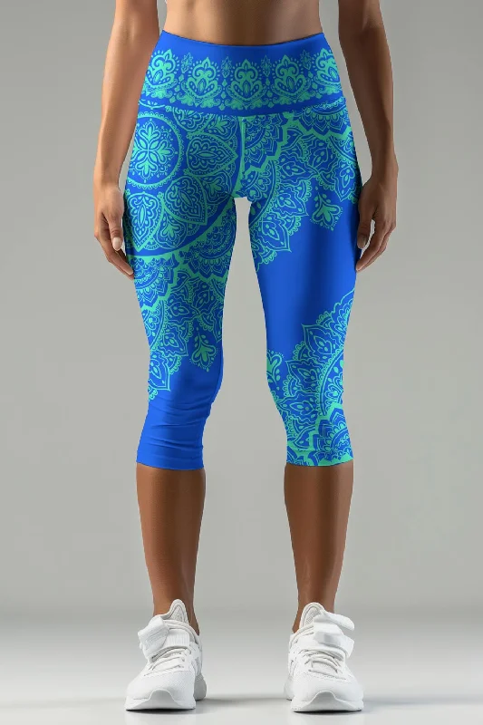 Surfing Nirvana Ellie Blue Boho Performance Yoga Capri Legging - Women Trendy Spandex Leggings Surfing Nirvana Ellie Blue Boho Performance Yoga Capri Legging - Women Trendy Spandex Leggings