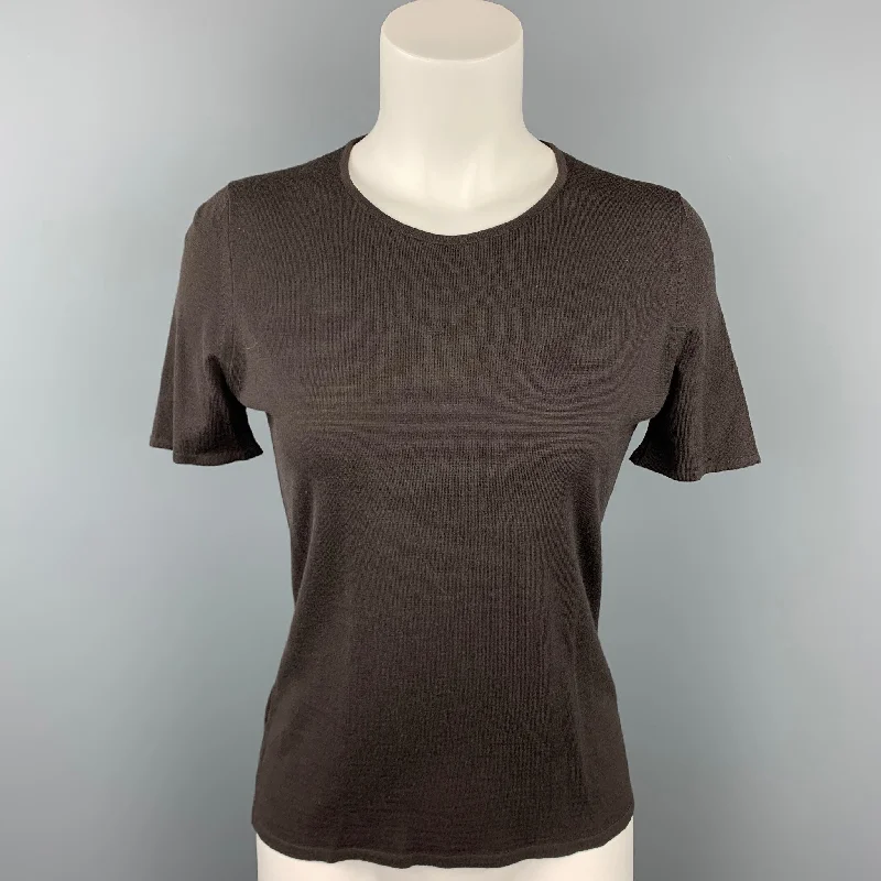 TSE Size M Brown Knitted Wool Short Sleeve Pullover Port Neck Pullover