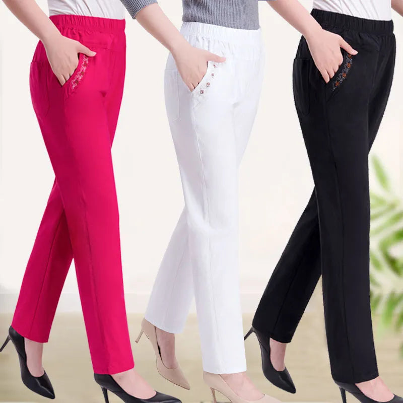 2023 Summer Women Pants Middle-aged Lady Elastic Waist Loose Casual Pants 4XL Pocket Thin Female Straight Trousers 2300 Trousers Occasion Special 2023 Summer Women Pants Middle-aged Lady Elastic Waist Loose Casual Pants 4XL Pocket Thin Female Straight Trousers 2300 Trousers Occasion Special