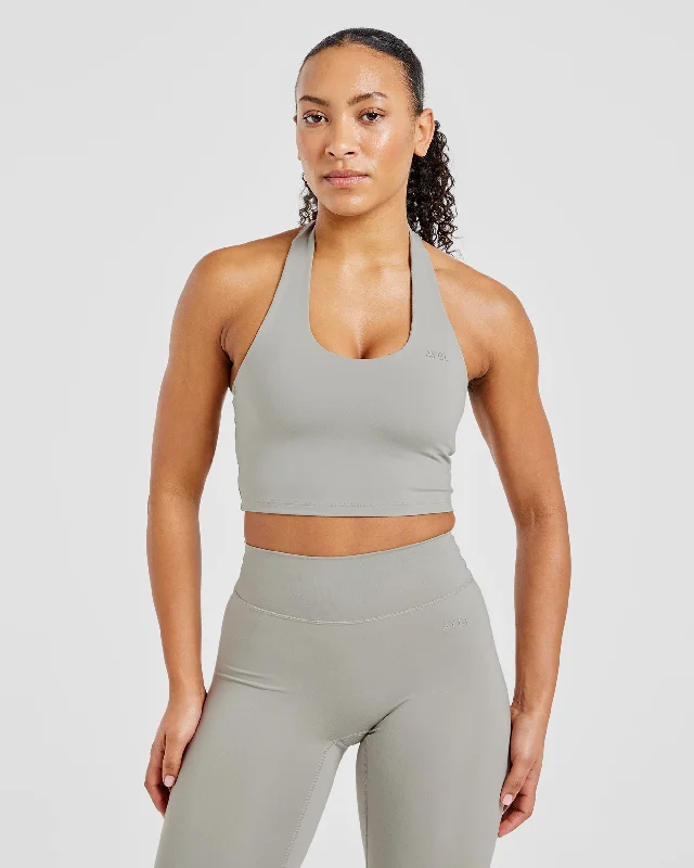 Staple Halterneck Crop Top -  Washed Olive Mesh Blend Leather Blend Suede Blend