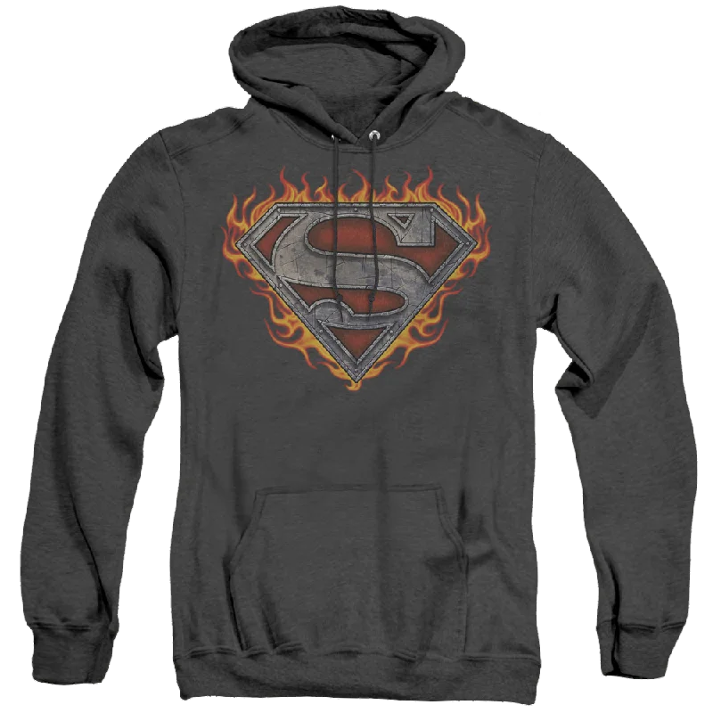 Superman Iron Fire Shield - Heather Pullover Hoodie Deep Neck Pullover