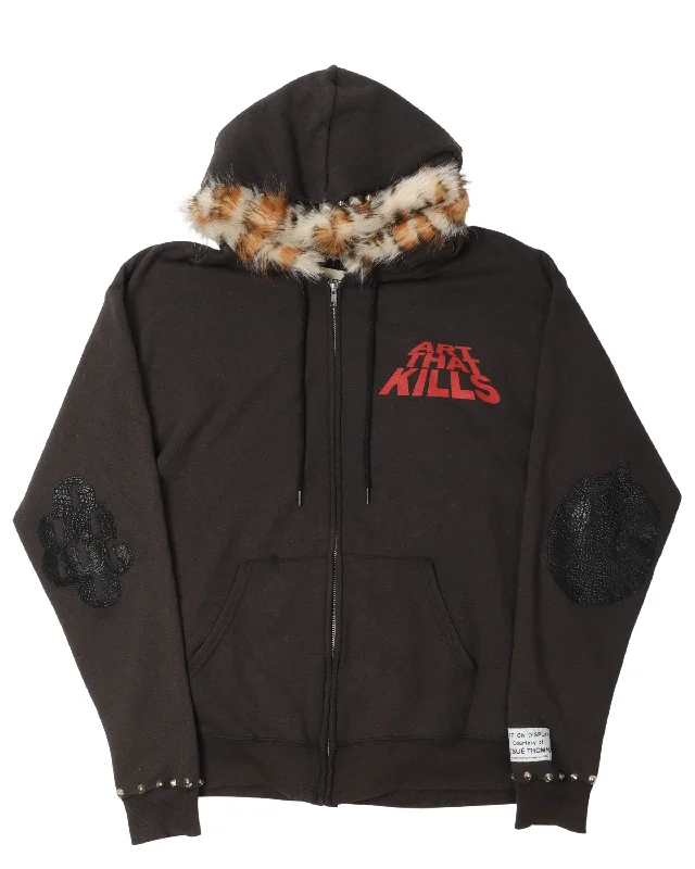 "Art That Kills" Fur Lined Zip Up Hoodie Zip Hoodie Drawstring Kangaroo Pocket