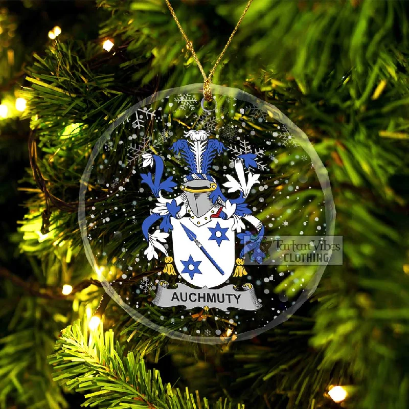 Auchmuty Irish Clan Christmas Glass Ornament with Coat of Arms Suede Faux Fur Shearling