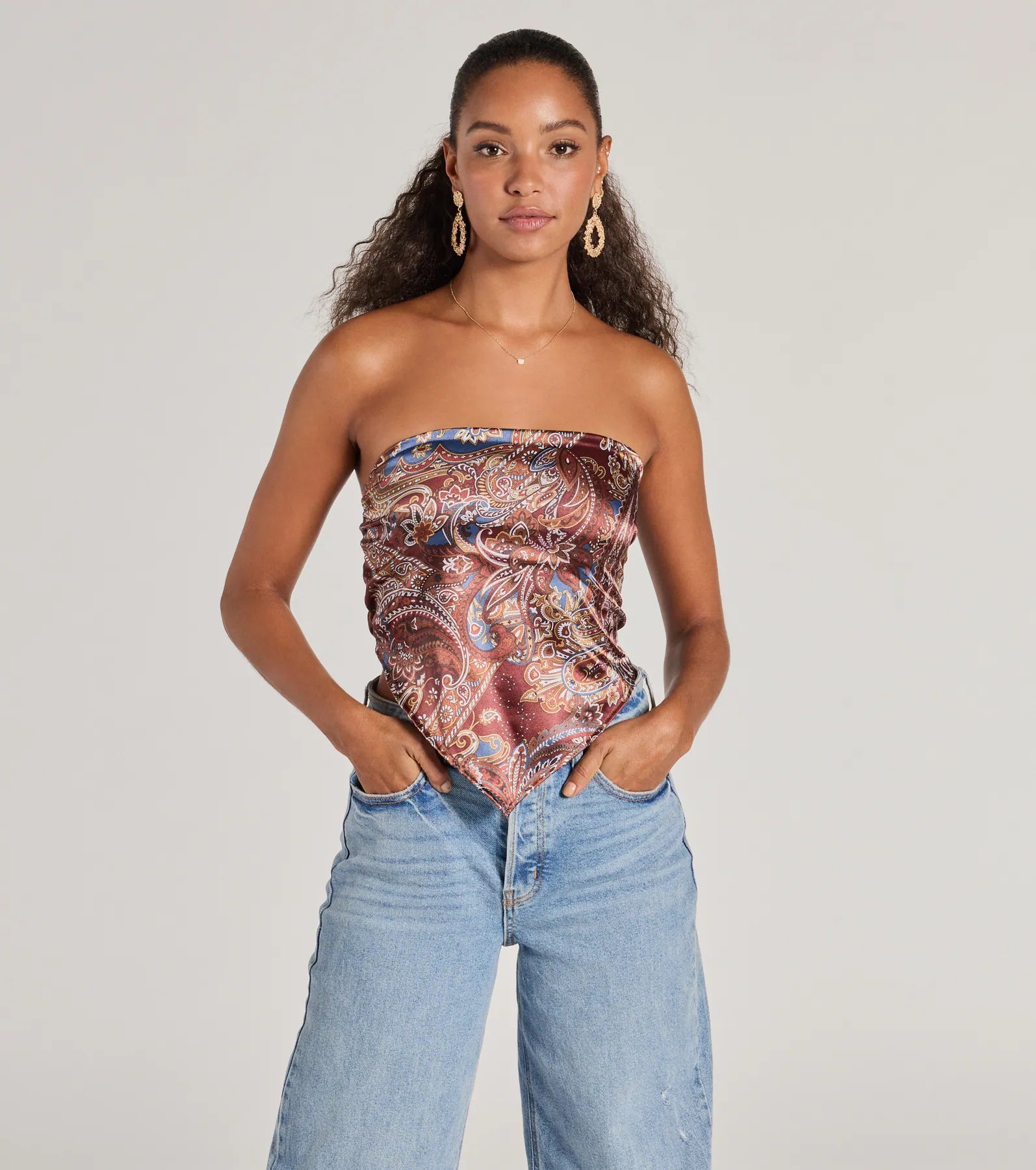 PLACEHOLDER - Sangria Sunset Strapless Paisley Satin Crop Top Solid Color Striped Floral PLACEHOLDER - Sangria Sunset Strapless Paisley Satin Crop Top Solid Color Striped Floral