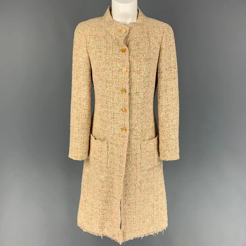 CHANEL 2005 Size 4 Pink Light Green Pink Boucle Cotton Blend Houndstooth Coat Down Puffer Quilted CHANEL 2005 Size 4 Pink Light Green Pink Boucle Cotton Blend Houndstooth Coat Down Puffer Quilted